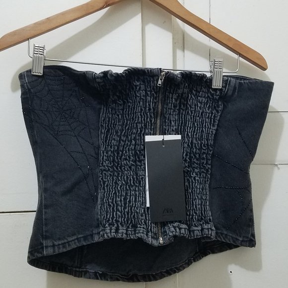 NWT TRF RHINESTONE SPIDERWEB STRAPLESS DENIM TOP - Picture 6 of 7